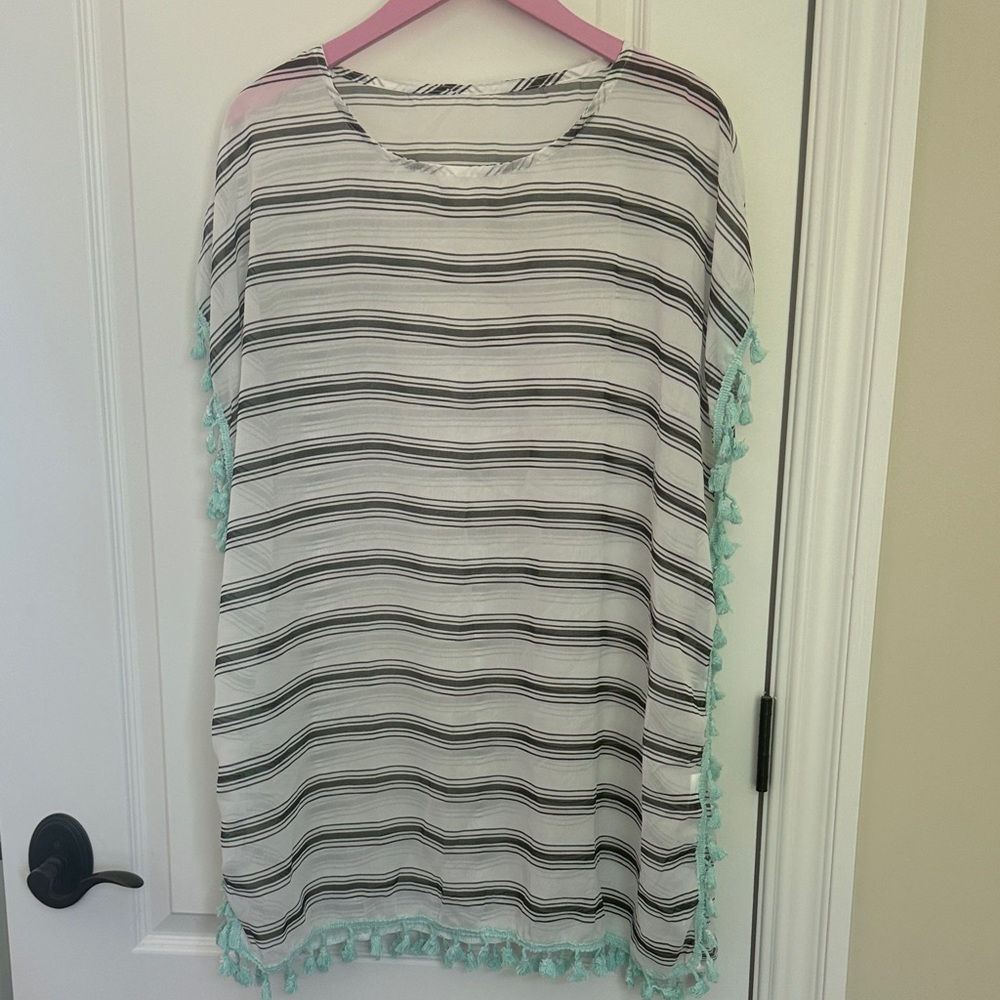 Striped White and Black Tassel Side  cover up  with Mint Trim